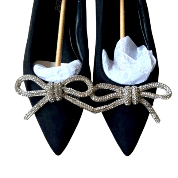 Black Flats with Silver Gemstone Bow, Size 7, business casual, special occasion - Picture 4 of 4